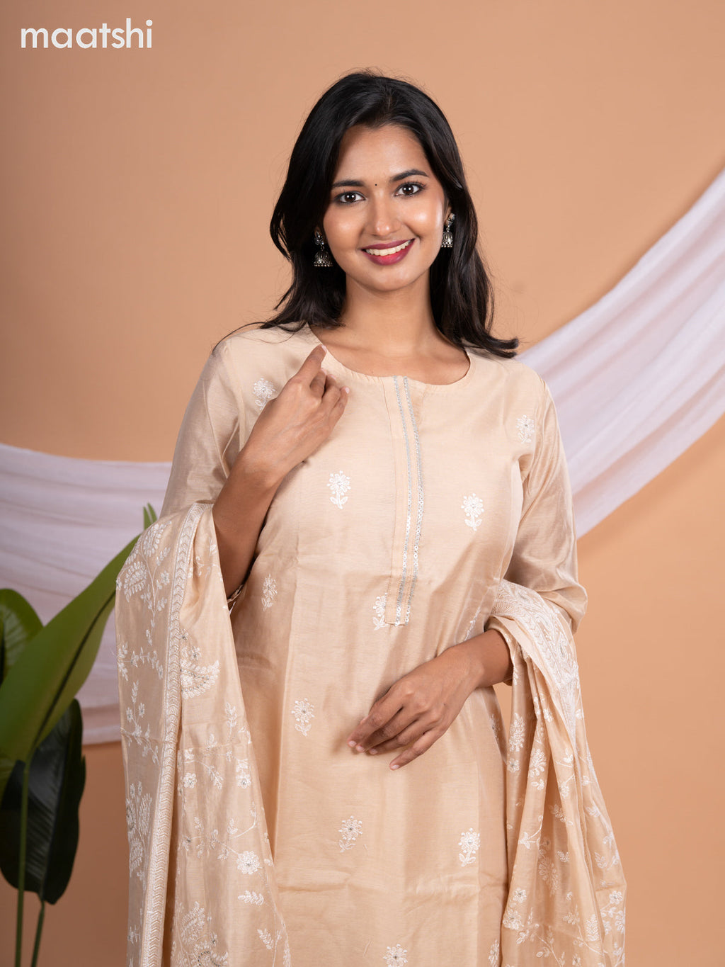Chanderi salwar suit sandal with embroidery buttas & sequin work neck pattern and straight cut pant & embroidery dupatta