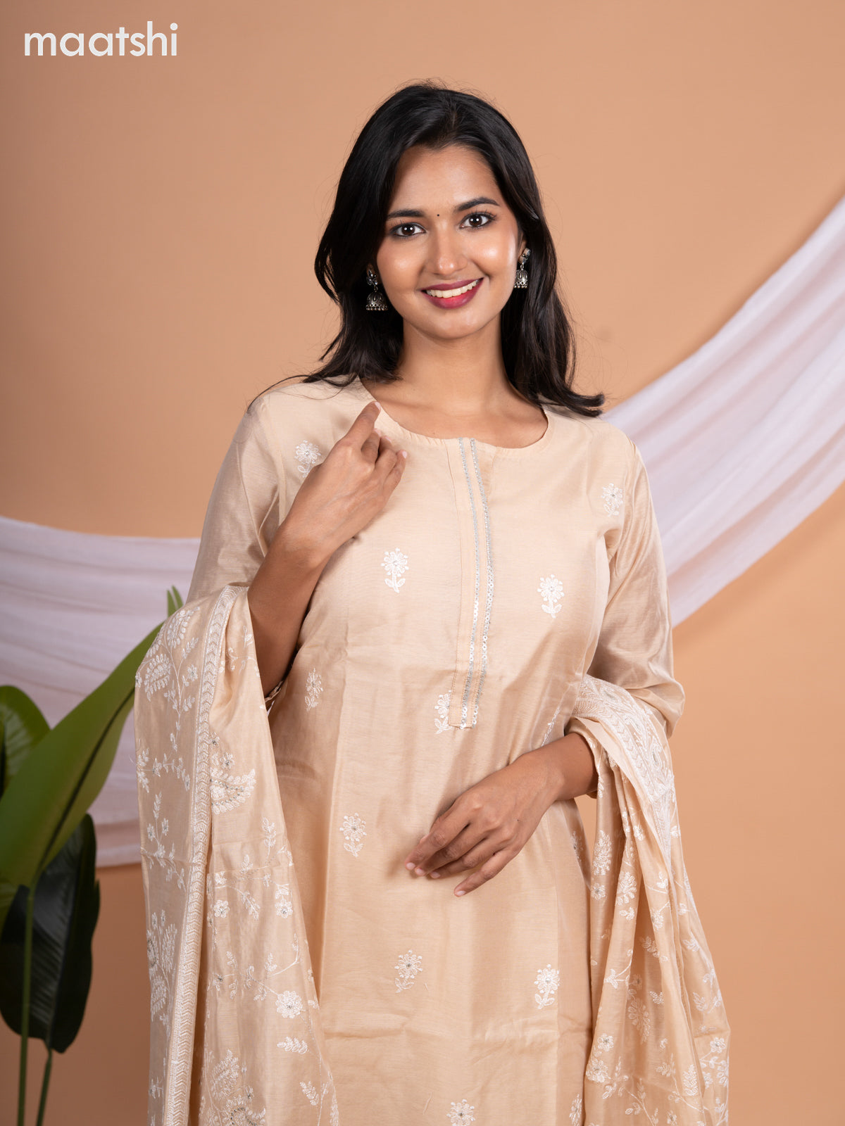 Chanderi salwar suit sandal with embroidery buttas & sequin work neck pattern and straight cut pant & embroidery dupatta