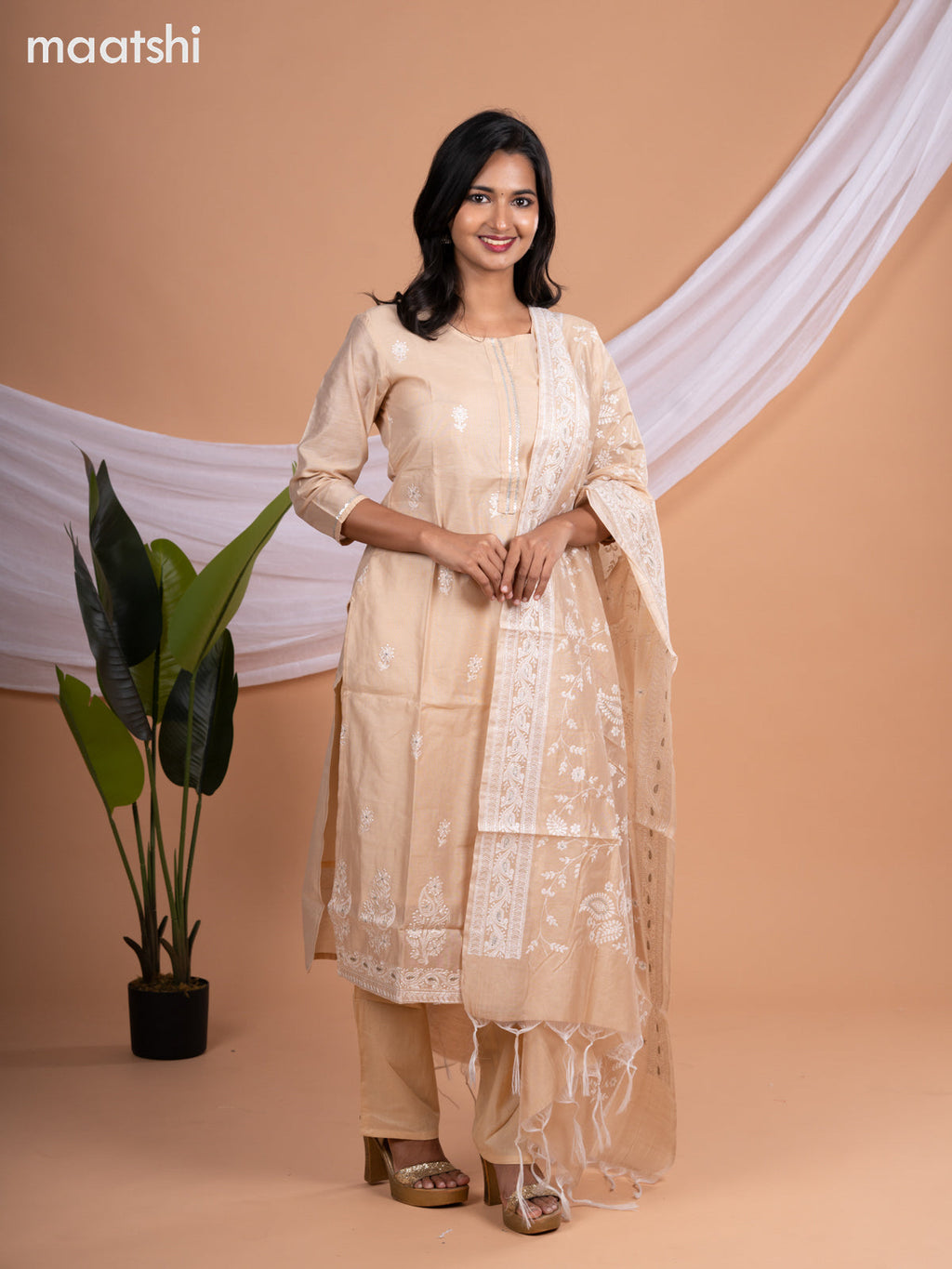 Chanderi salwar suit sandal with embroidery buttas & sequin work neck pattern and straight cut pant & embroidery dupatta