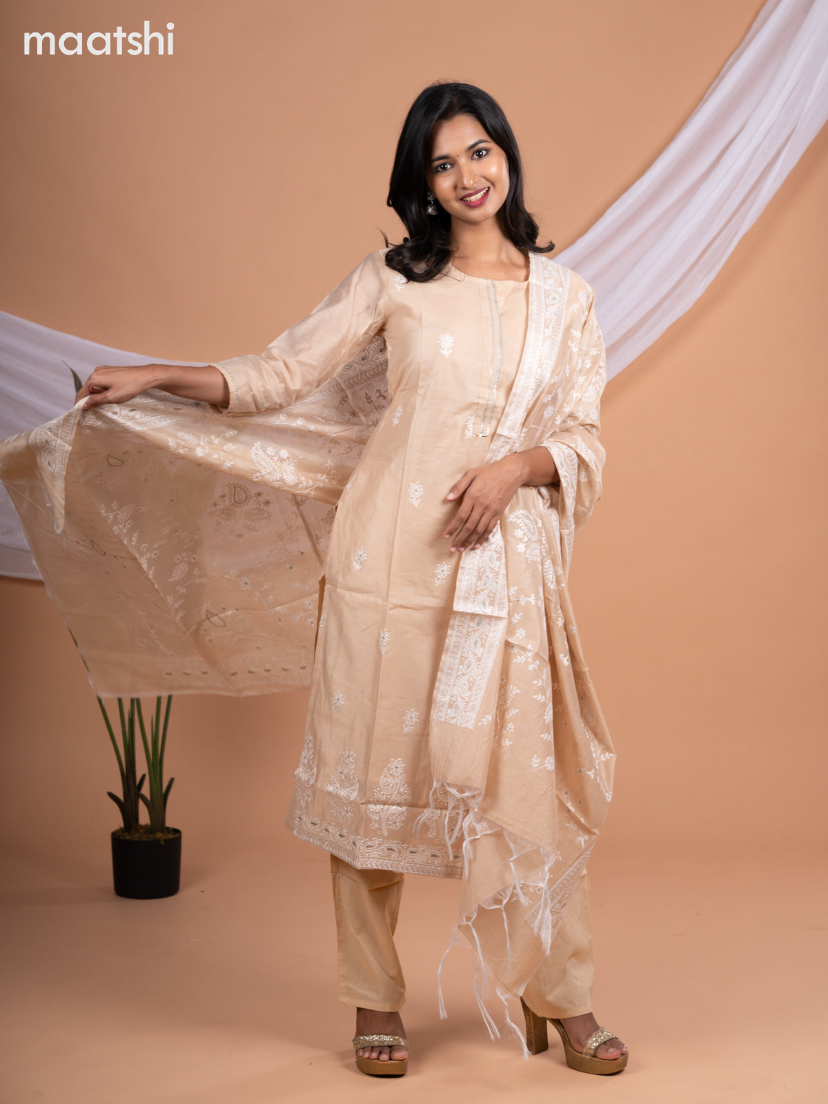 Chanderi salwar suit sandal with embroidery buttas & sequin work neck pattern and straight cut pant & embroidery dupatta