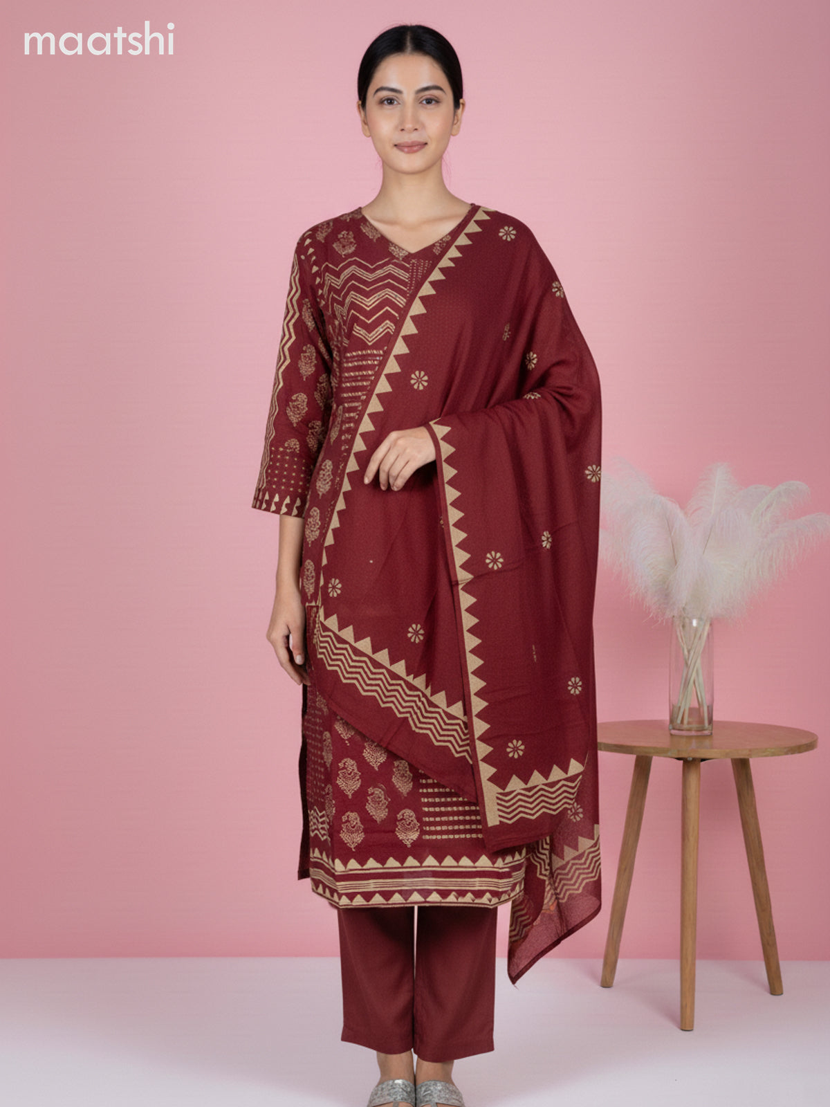 Maroon Cotton Printed Straight Suit