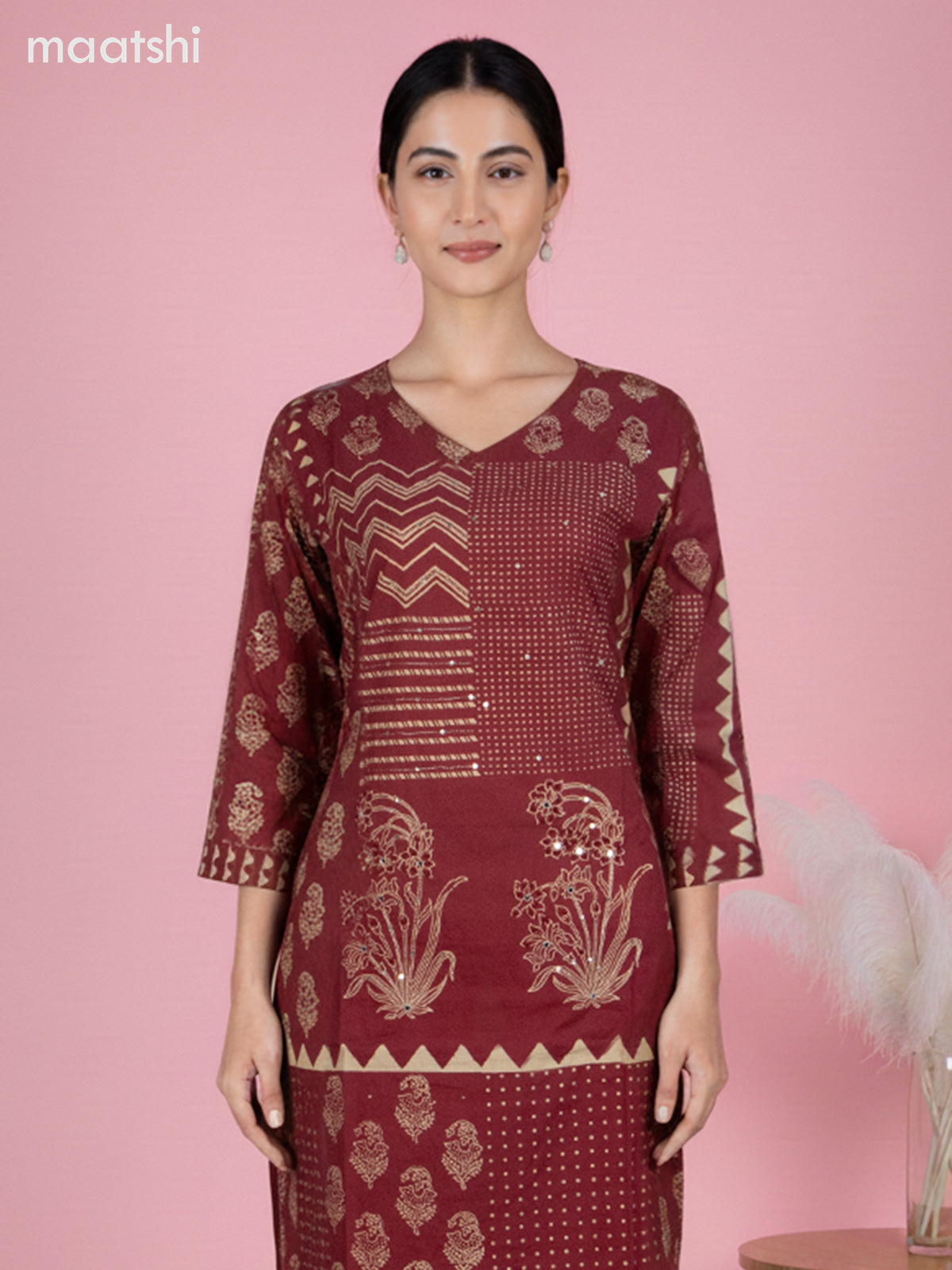Maroon Cotton Printed Straight Suit