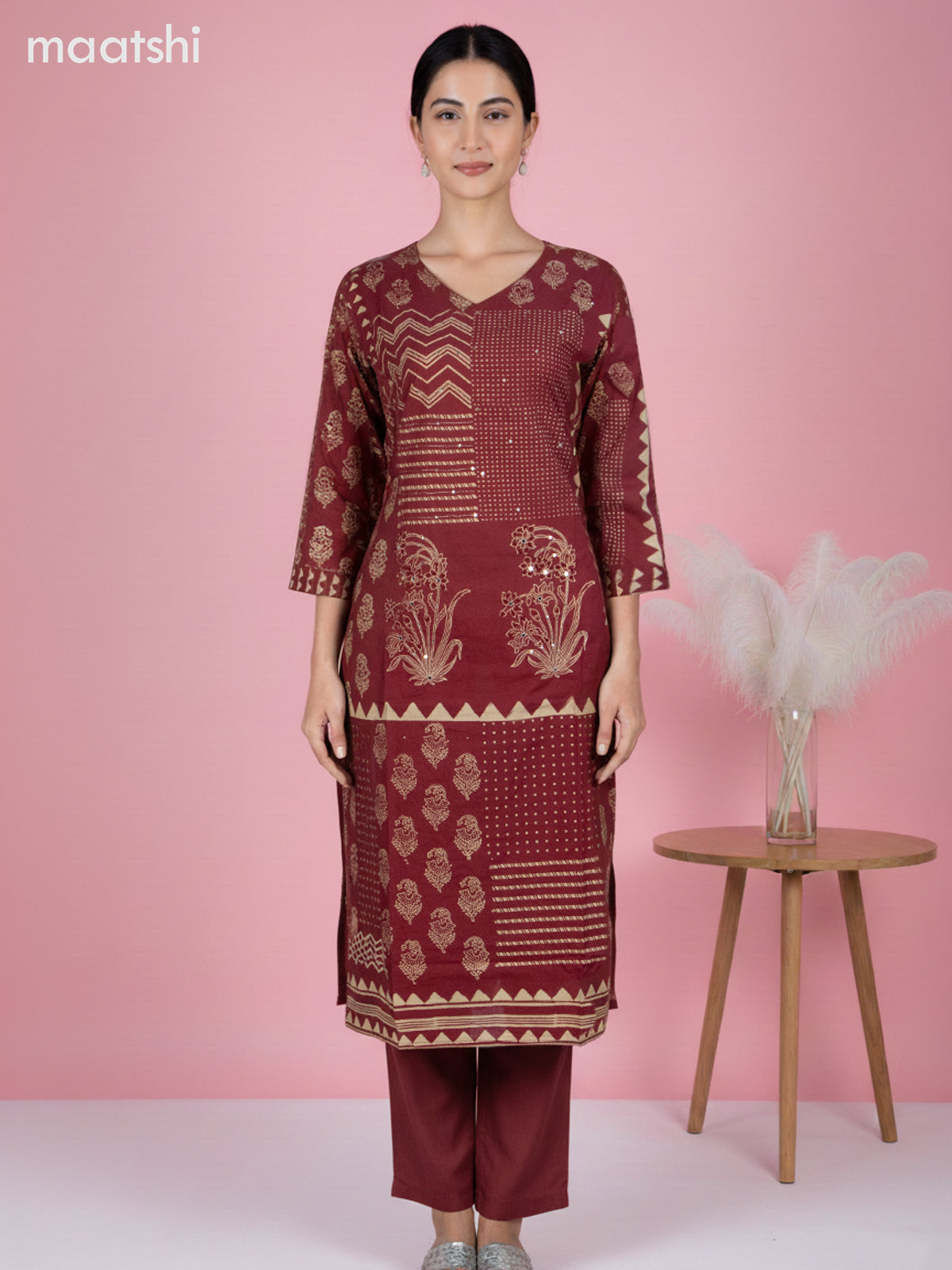 Maroon Cotton Printed Straight Suit
