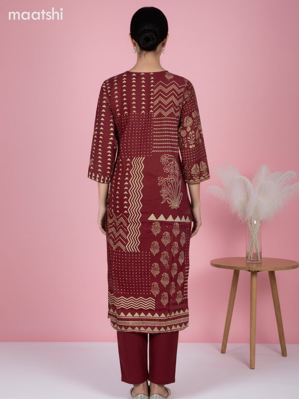 Maroon Cotton Printed Straight Suit