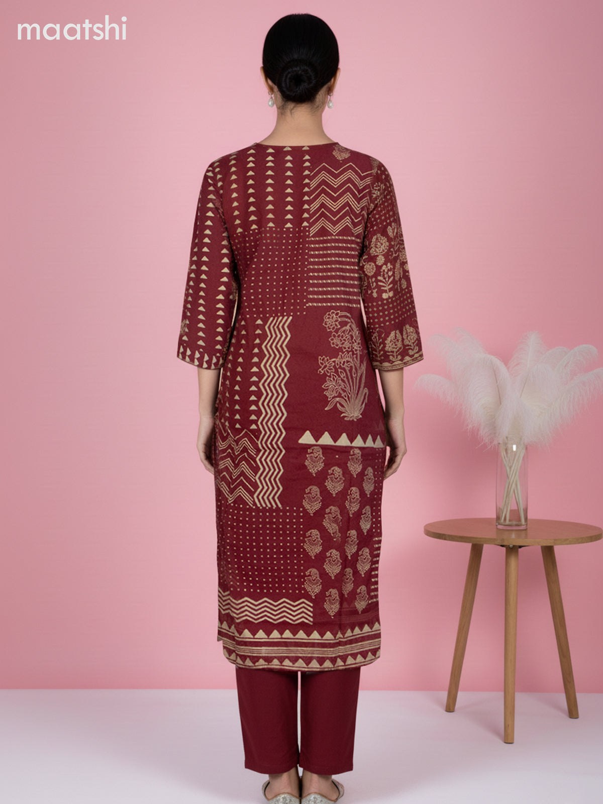 Maroon Cotton Printed Straight Suit