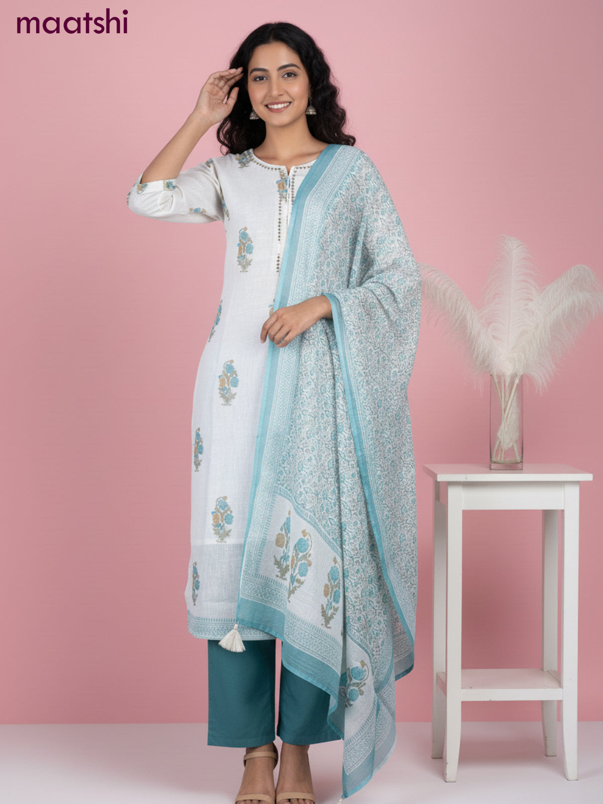 Linen salwar suit off white with butta prints & pita lace work neck pattern and straight cut pant & dupatta
