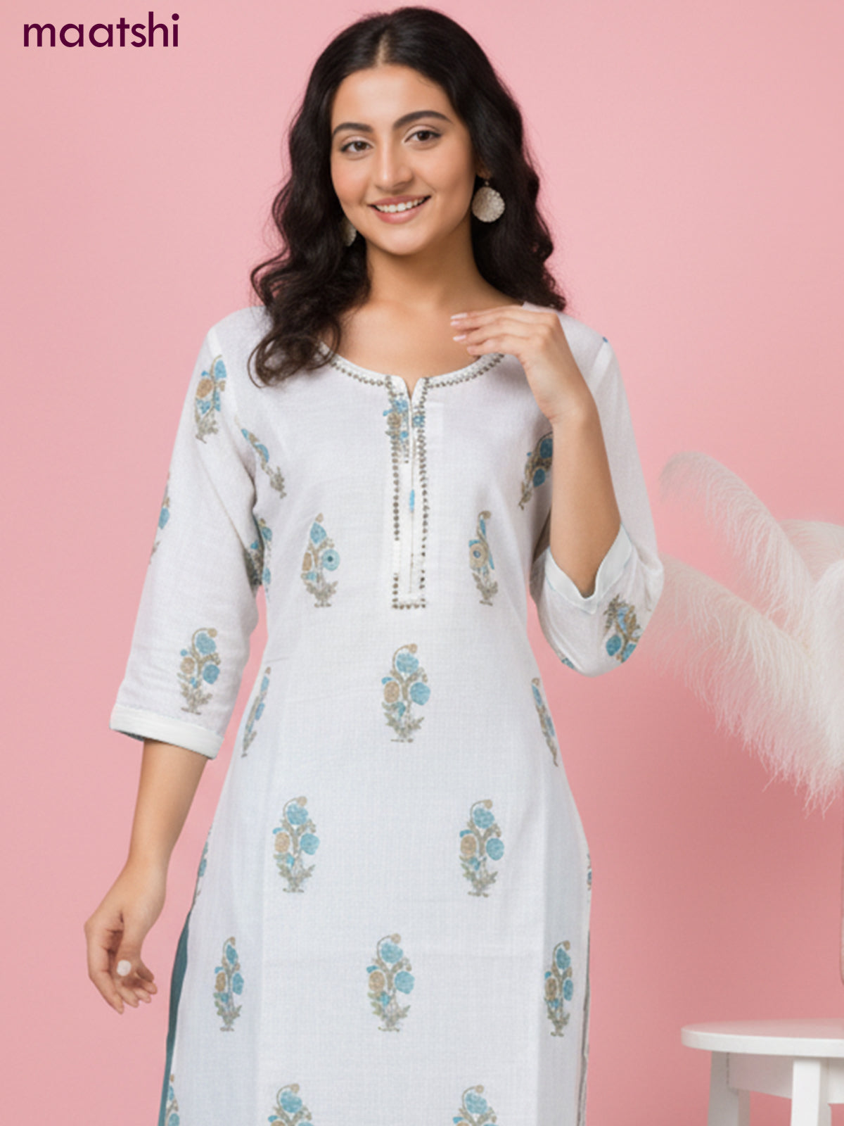 Linen salwar suit off white with butta prints & pita lace work neck pattern and straight cut pant & dupatta