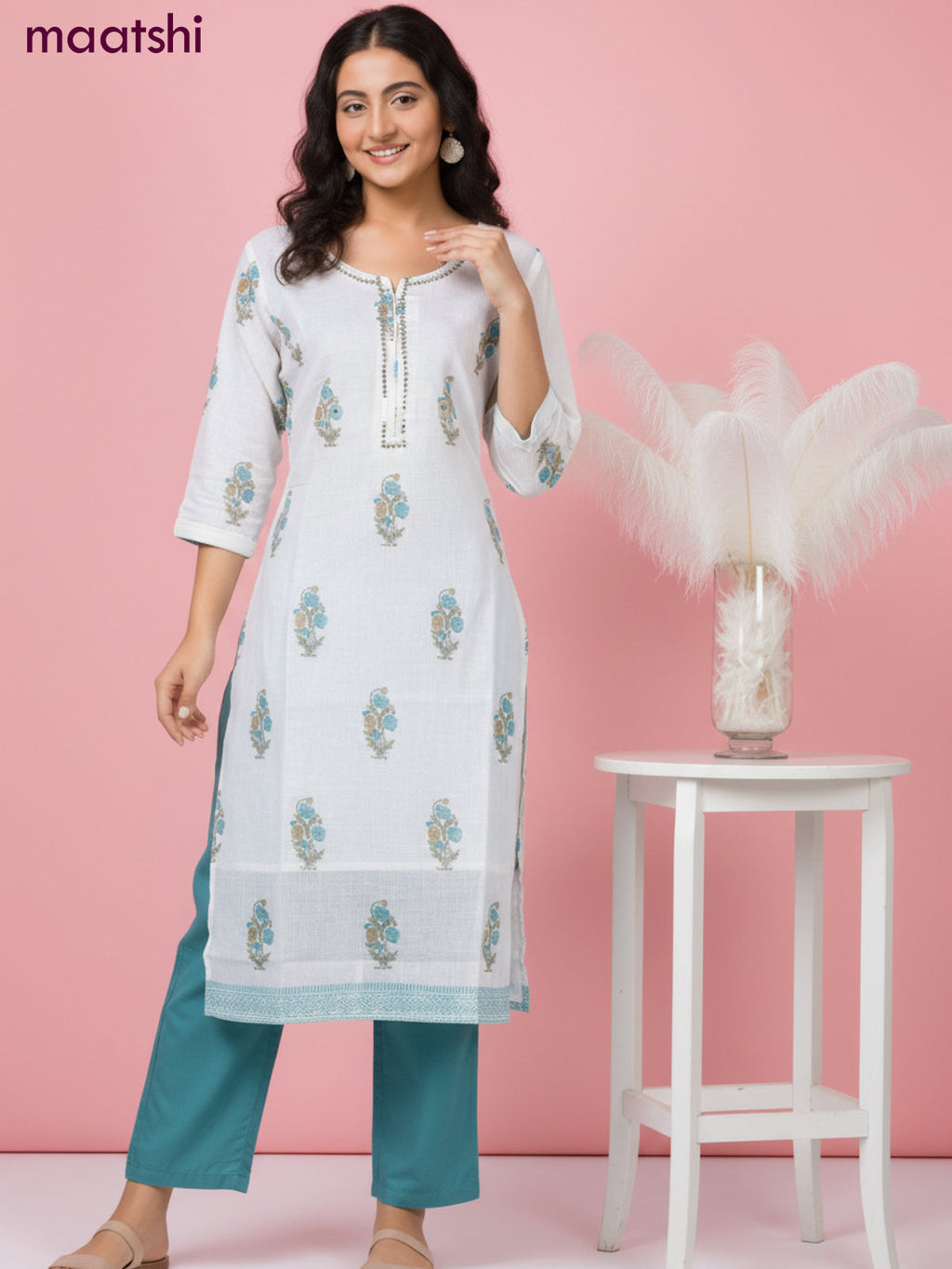 Linen salwar suit off white with butta prints & pita lace work neck pattern and straight cut pant & dupatta