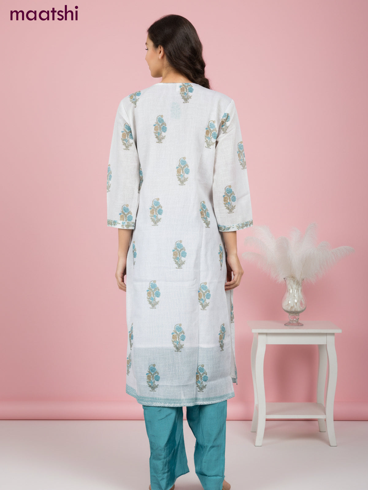 Linen salwar suit off white with butta prints & pita lace work neck pattern and straight cut pant & dupatta