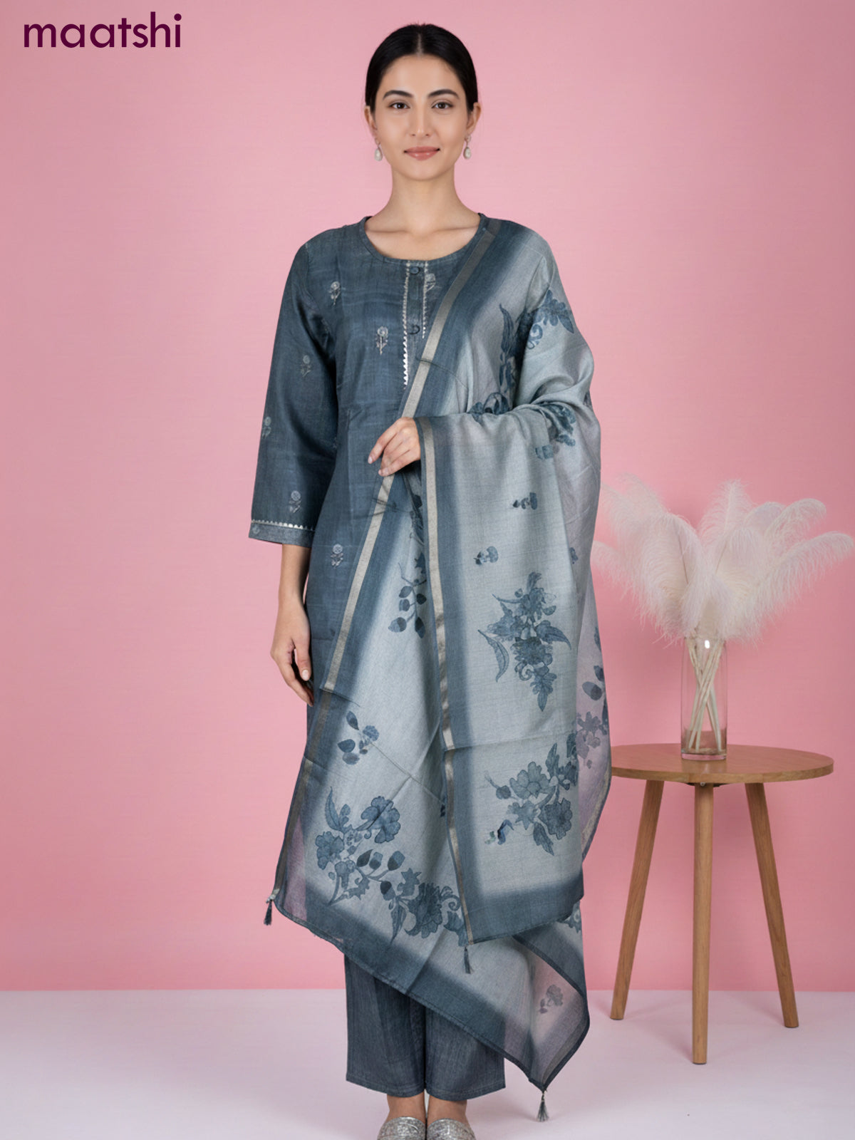 Chanderi salwar suit peacock green shade with buttas & gotapatti lace work neck pattern and straight cut pant & dupatta