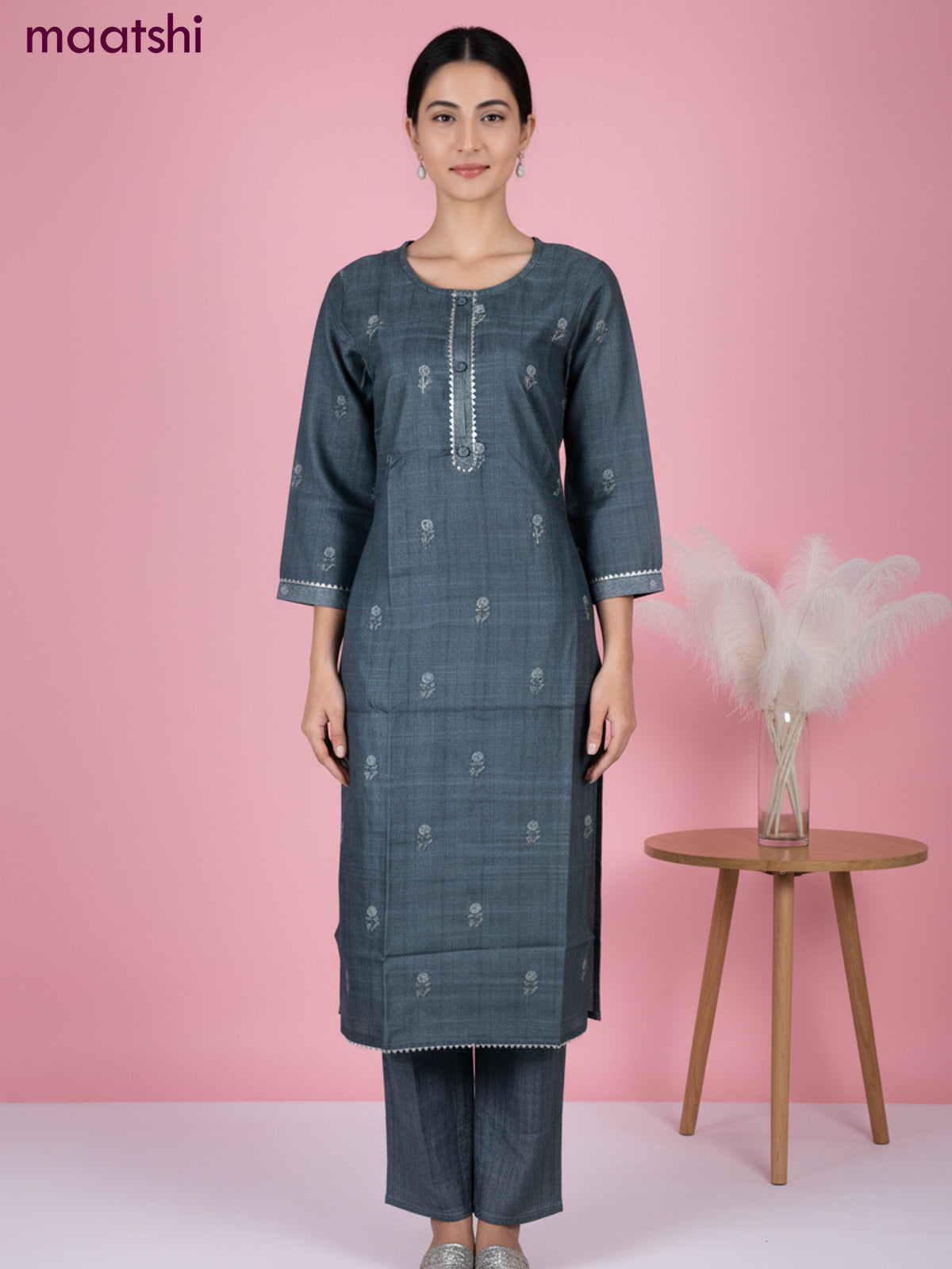 Chanderi salwar suit peacock green shade with buttas & gotapatti lace work neck pattern and straight cut pant & dupatta