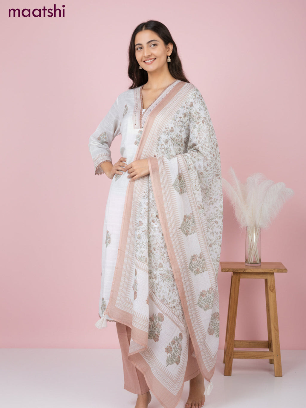 Linen salwar suit off white with butta prints & pita lace work neck pattern and straight cut pant & dupatta