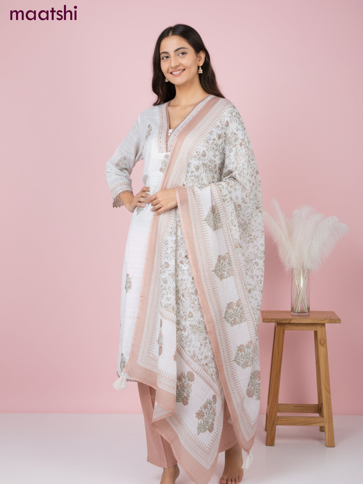 Linen salwar suit off white with butta prints & pita lace work neck pattern and straight cut pant & dupatta