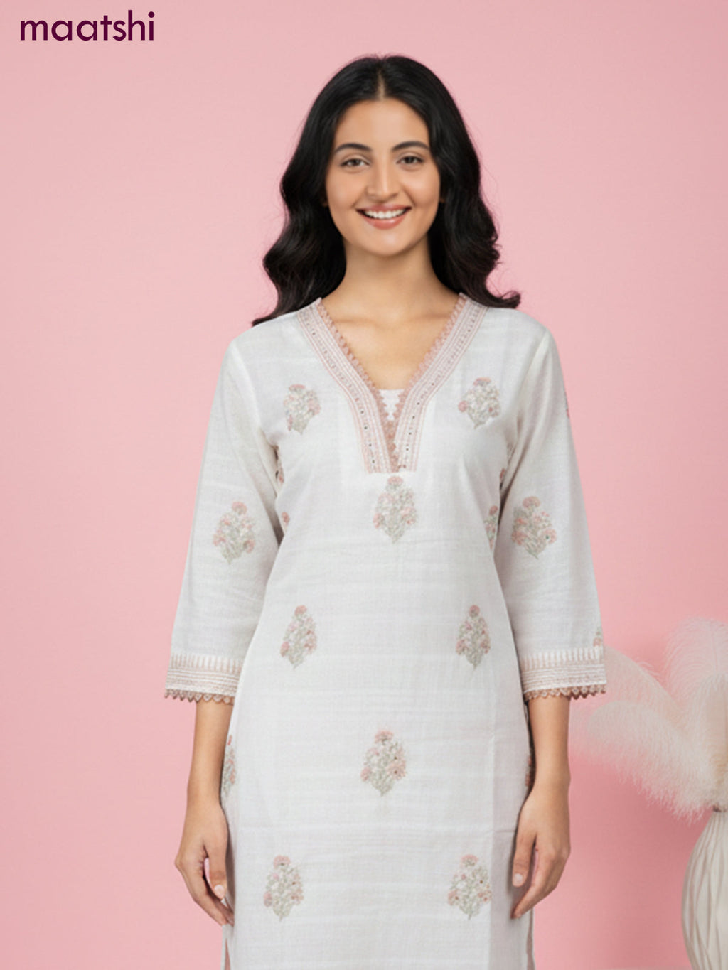 Linen salwar suit off white with butta prints & pita lace work neck pattern and straight cut pant & dupatta