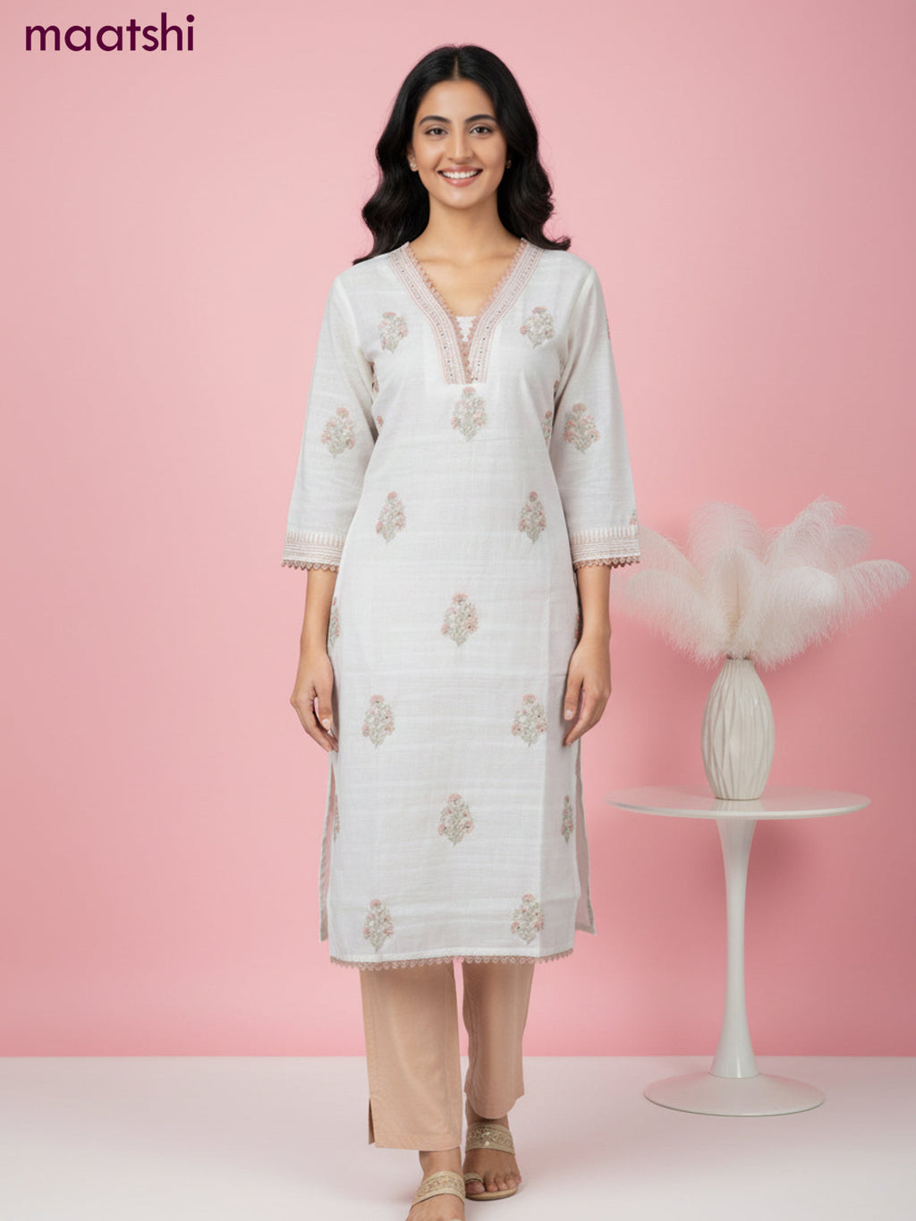 Linen salwar suit off white with butta prints & pita lace work neck pattern and straight cut pant & dupatta
