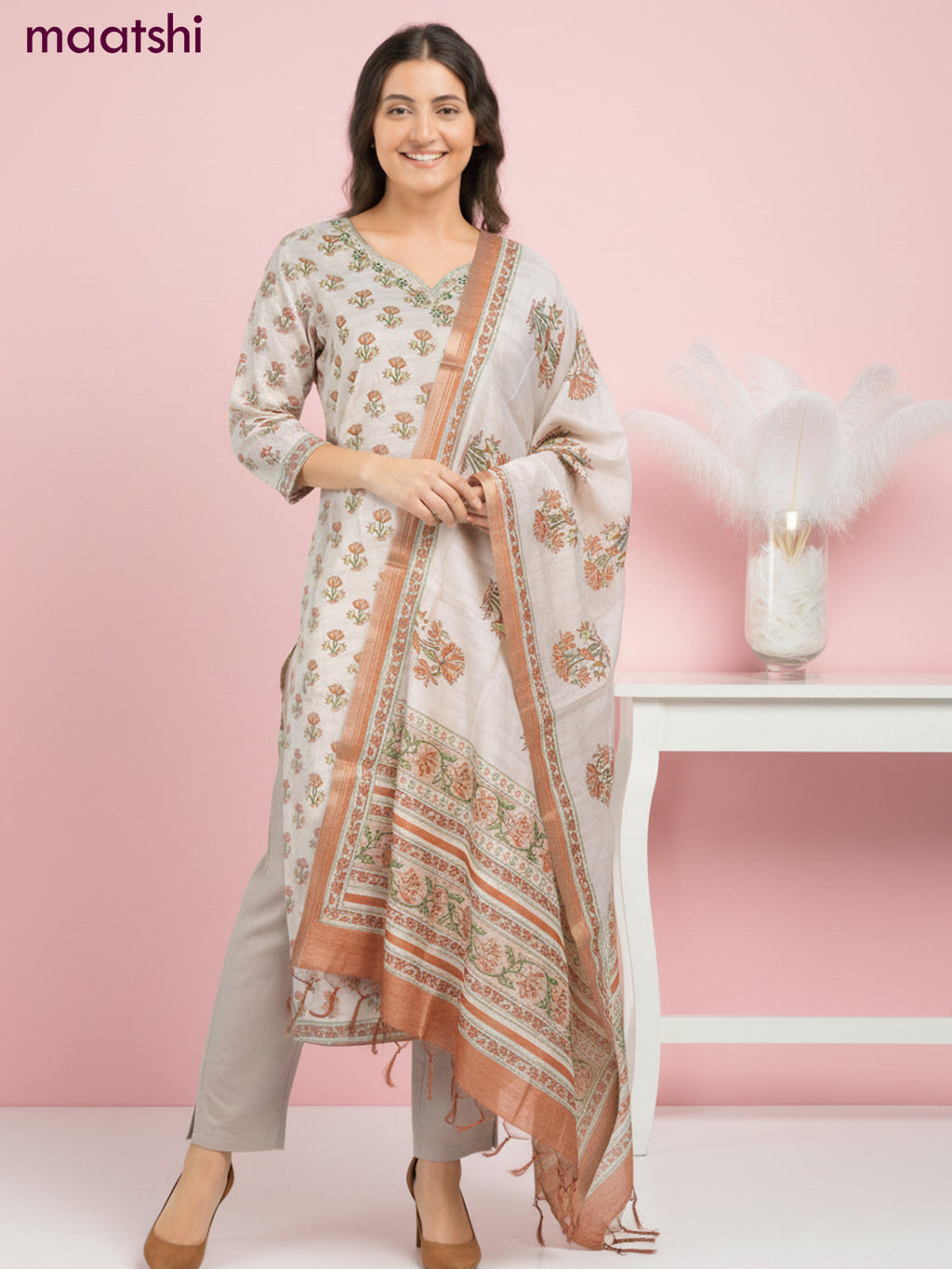 Chanderi salwar suit beige with allover butta prints & mirror zardosi work neck pattern and straight cut pant & dupatta