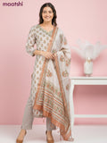 Chanderi salwar suit beige with allover butta prints & mirror zardosi work neck pattern and straight cut pant & dupatta
