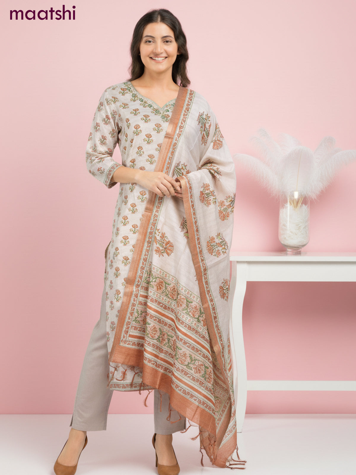 Chanderi salwar suit beige with allover butta prints & mirror zardosi work neck pattern and straight cut pant & dupatta