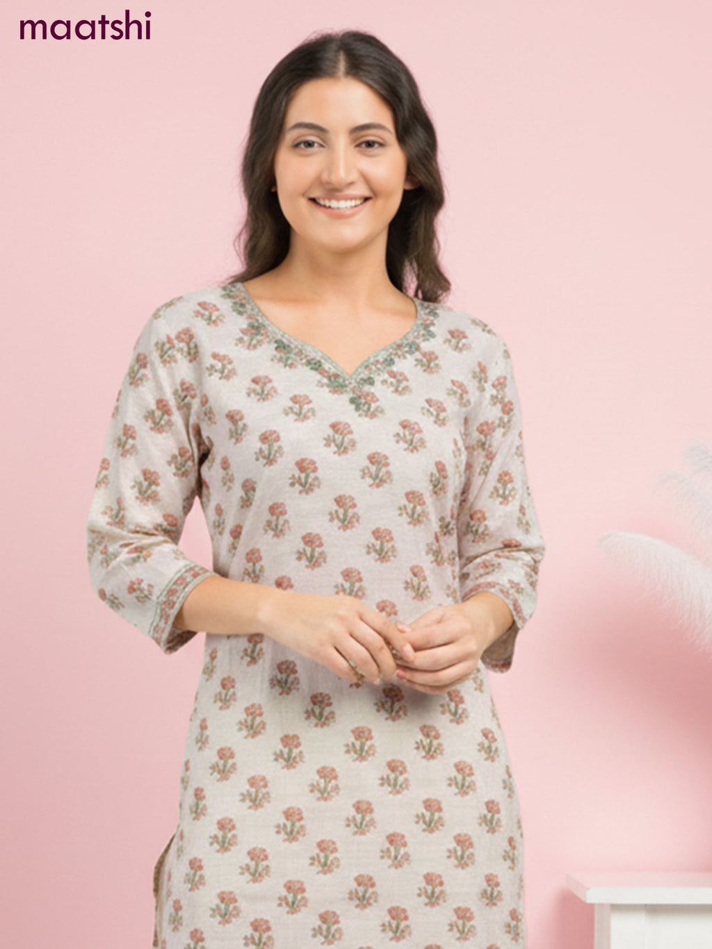 Chanderi salwar suit beige with allover butta prints & mirror zardosi work neck pattern and straight cut pant & dupatta
