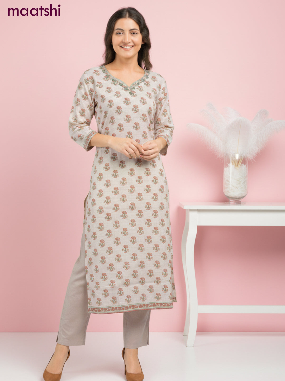 Chanderi salwar suit beige with allover butta prints & mirror zardosi work neck pattern and straight cut pant & dupatta