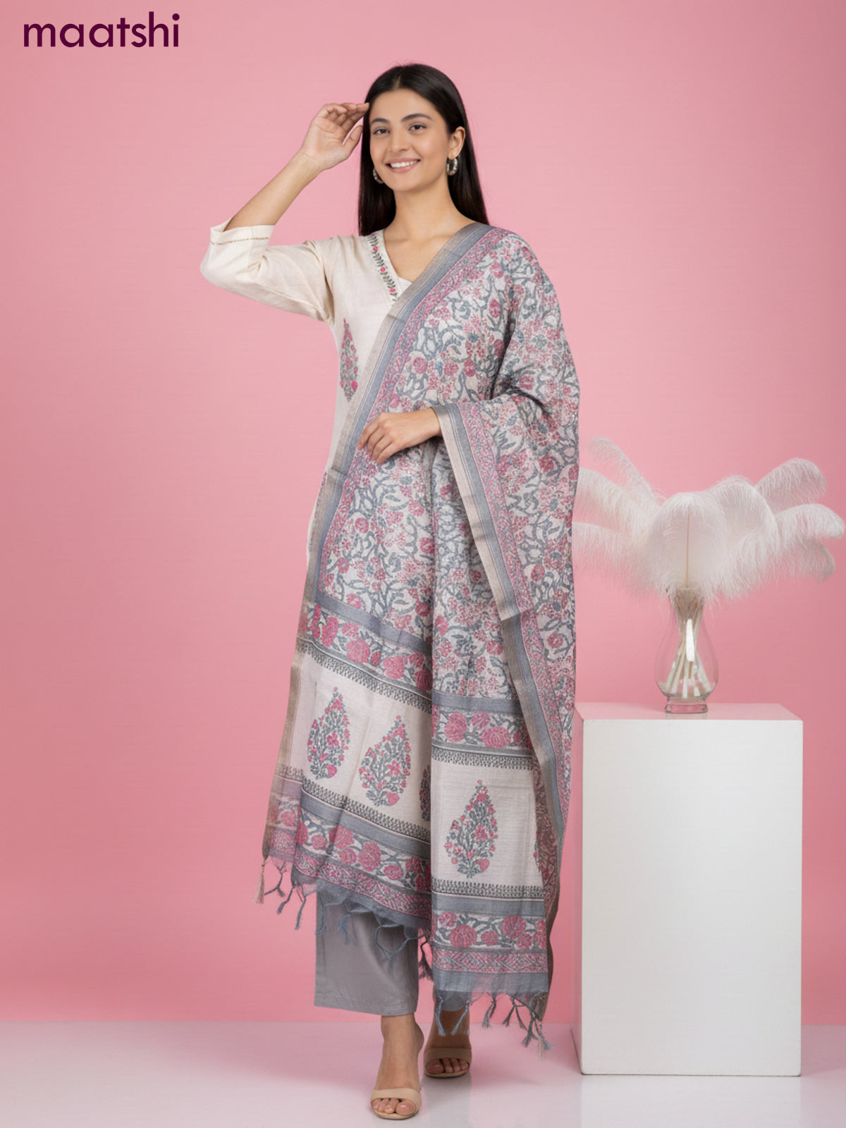 Chanderi salwar suit beige with buttas & sequin kantha stich work neck pattern and straight cut pant & dupatta