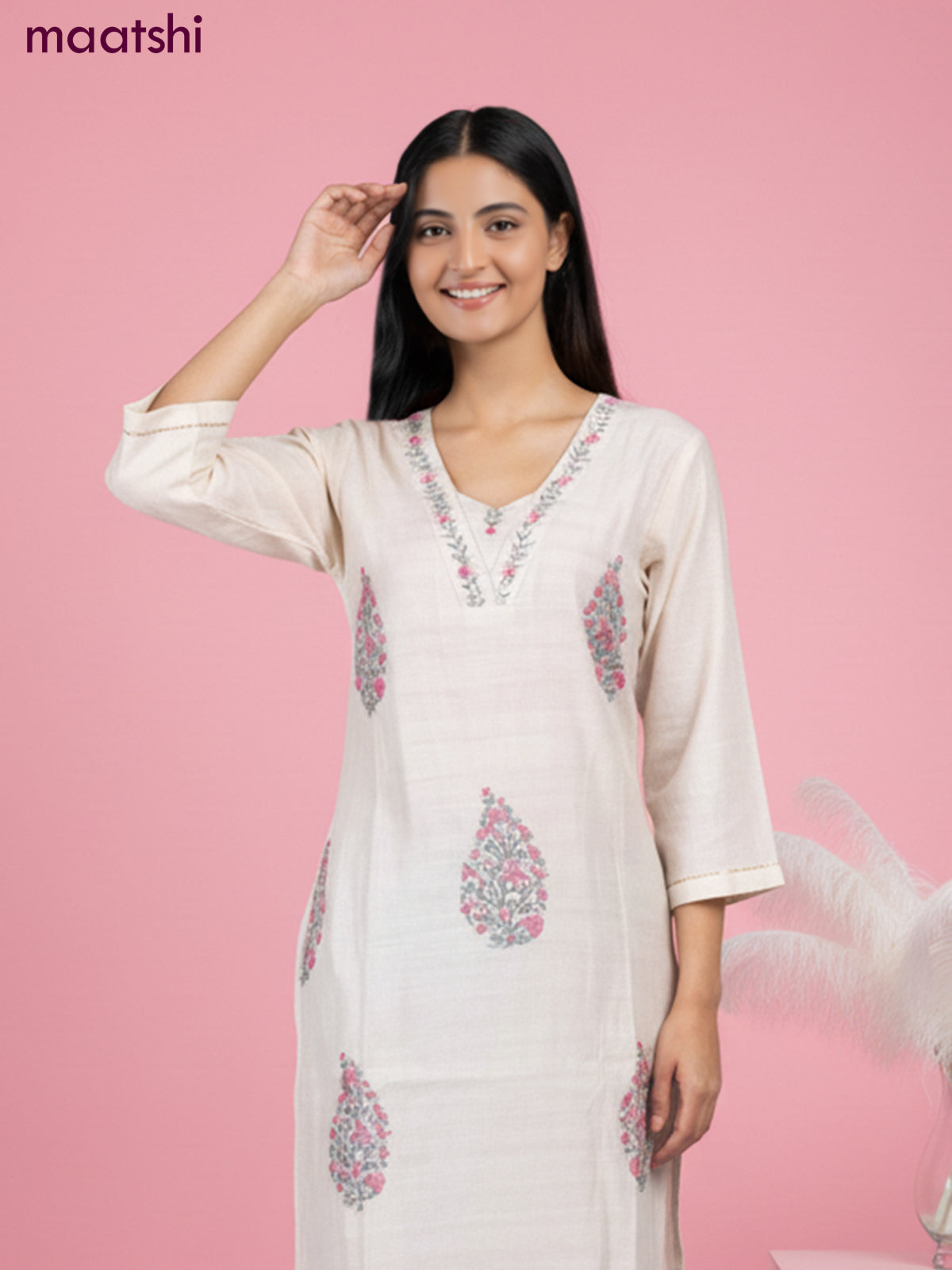 Chanderi salwar suit beige with buttas & sequin kantha stich work neck pattern and straight cut pant & dupatta