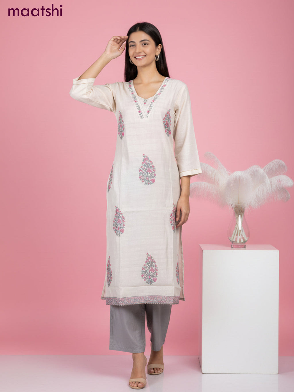 Chanderi salwar suit beige with buttas & sequin kantha stich work neck pattern and straight cut pant & dupatta