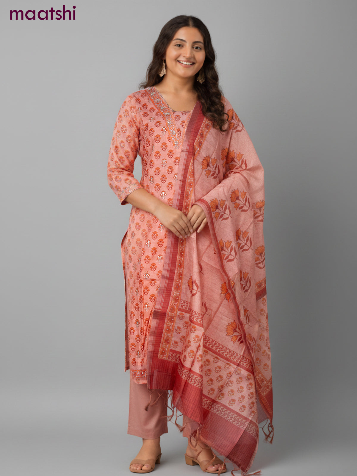 Chanderi salwar suit peach orange with allover butta prints & mirror pita work neck pattern and straight cut pant & dupatta