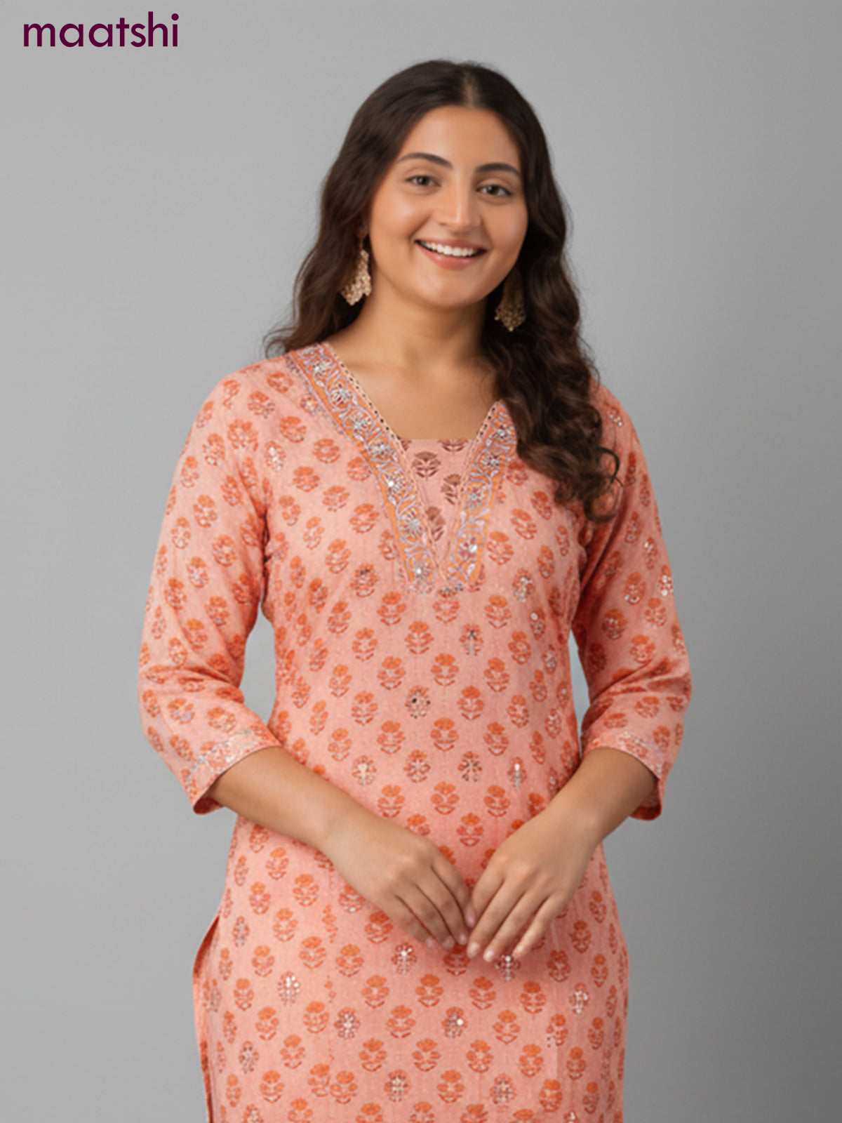Chanderi salwar suit peach orange with allover butta prints & mirror pita work neck pattern and straight cut pant & dupatta
