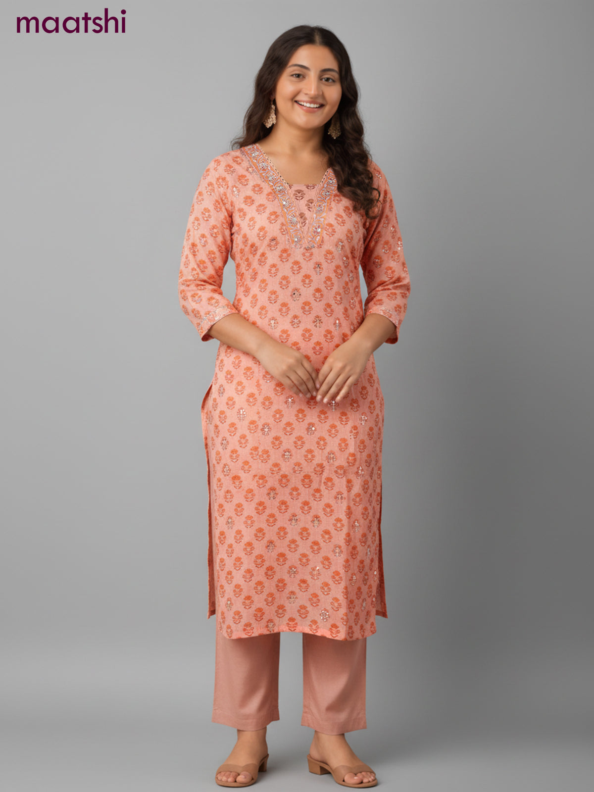 Chanderi salwar suit peach orange with allover butta prints & mirror pita work neck pattern and straight cut pant & dupatta