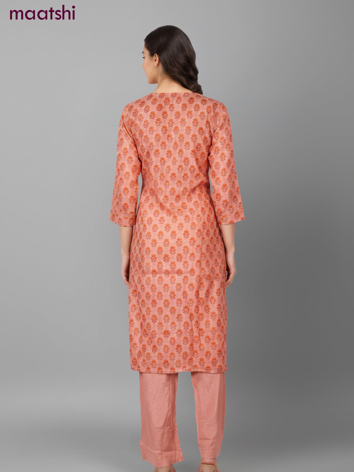 Chanderi salwar suit peach orange with allover butta prints & mirror pita work neck pattern and straight cut pant & dupatta
