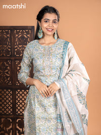 Chanderi salwar suit cream and light blue with allover kalamkari prints & embroidery zardosi work neck pattern and straight cut pant & dupatta
