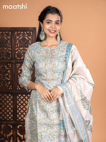 Chanderi salwar suit cream and light blue with allover kalamkari prints & embroidery zardosi work neck pattern and straight cut pant & dupatta