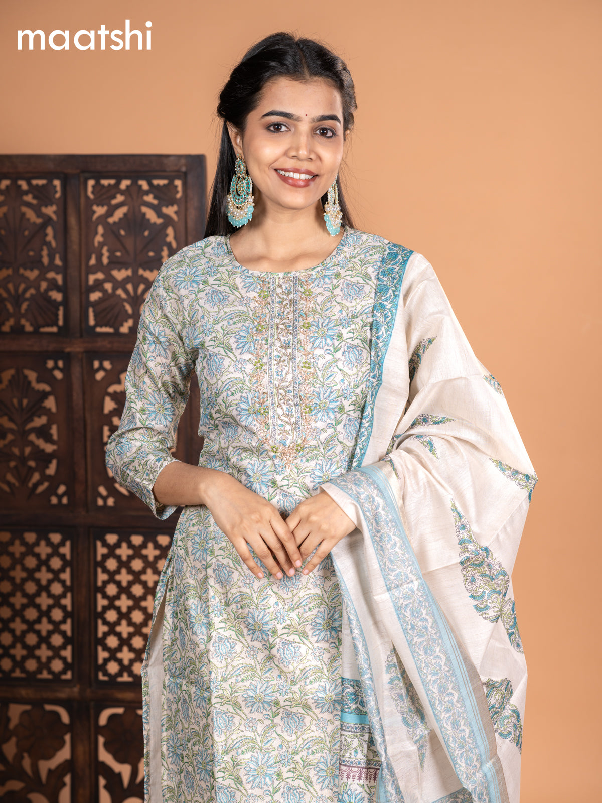 Chanderi salwar suit cream and light blue with allover kalamkari prints & embroidery zardosi work neck pattern and straight cut pant & dupatta