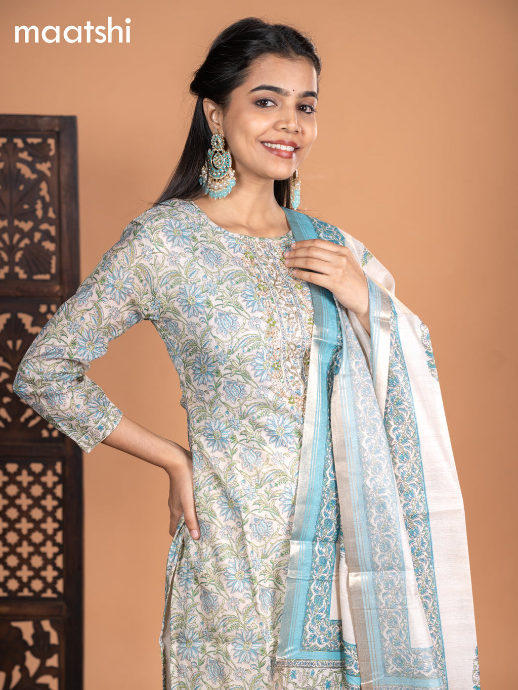 Chanderi salwar suit cream and light blue with allover kalamkari prints & embroidery zardosi work neck pattern and straight cut pant & dupatta