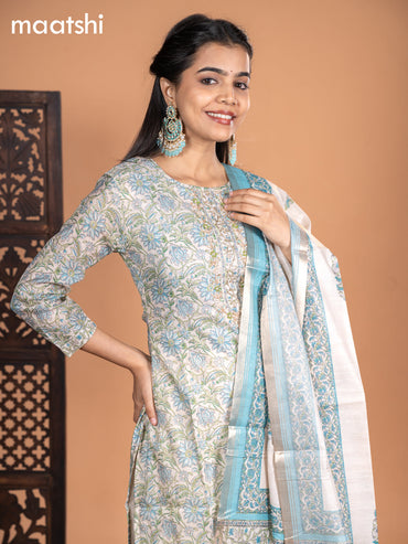 Chanderi salwar suit cream and light blue with allover kalamkari prints & embroidery zardosi work neck pattern and straight cut pant & dupatta