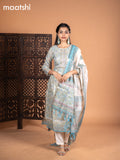 Chanderi salwar suit cream and light blue with allover kalamkari prints & embroidery zardosi work neck pattern and straight cut pant & dupatta
