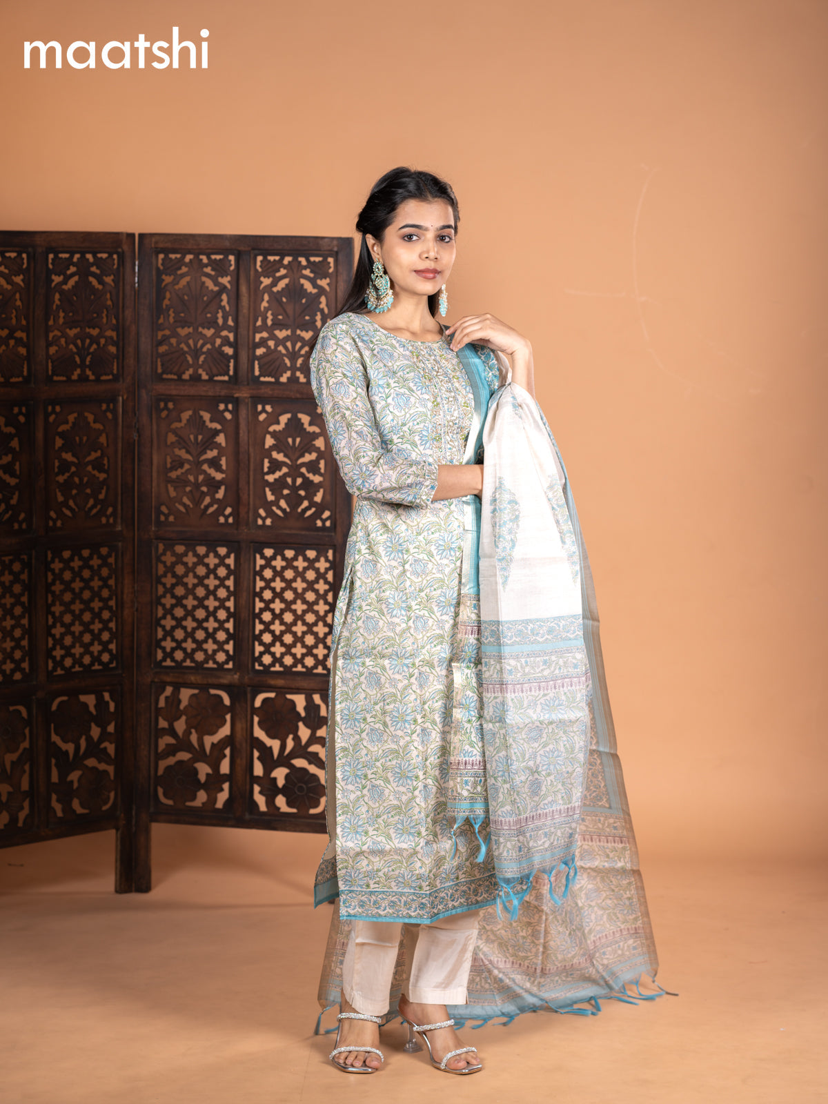 Chanderi salwar suit cream and light blue with allover kalamkari prints & embroidery zardosi work neck pattern and straight cut pant & dupatta
