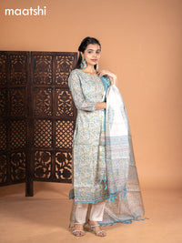 Chanderi salwar suit cream and light blue with allover kalamkari prints & embroidery zardosi work neck pattern and straight cut pant & dupatta