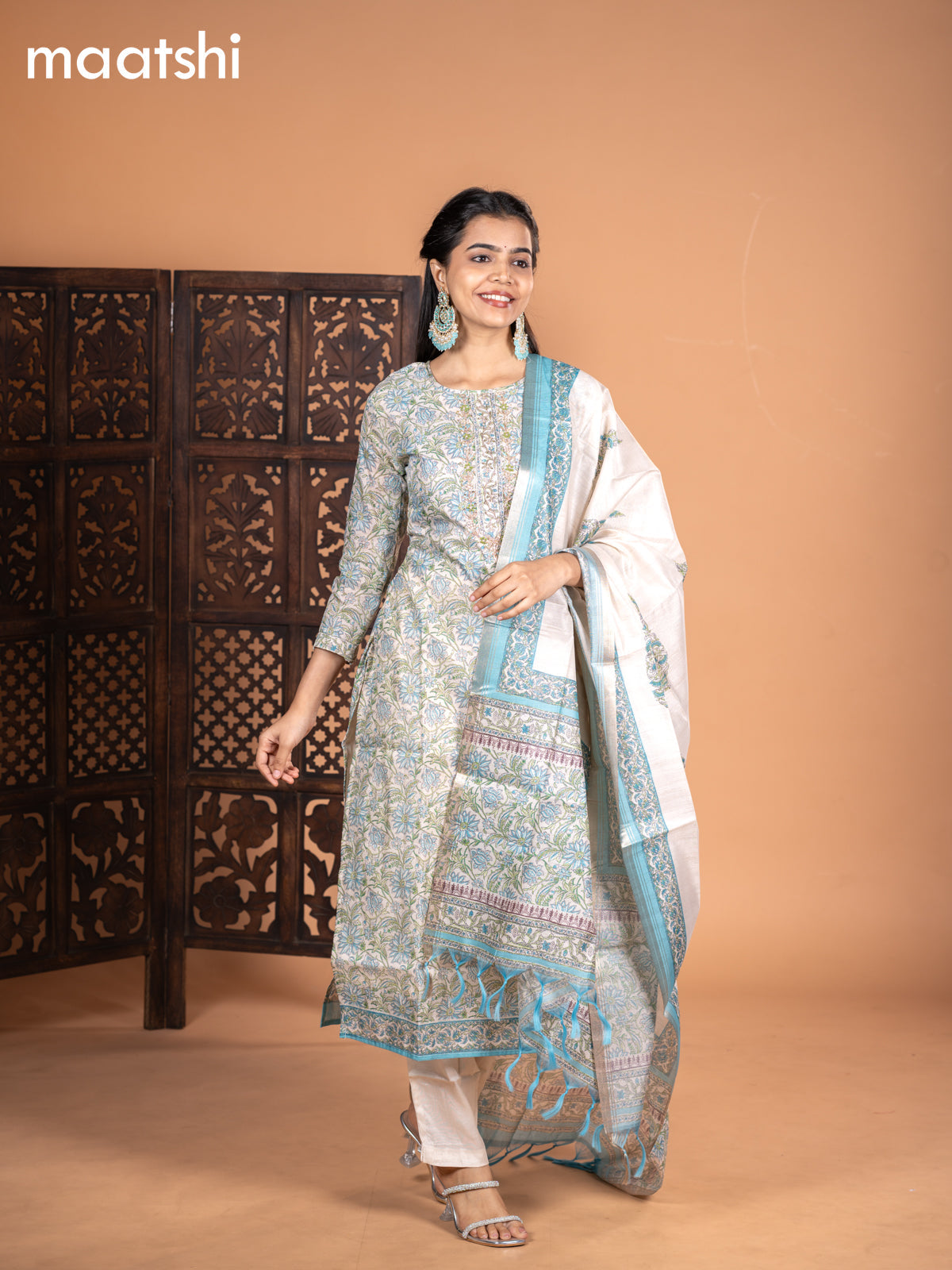 Chanderi salwar suit cream and light blue with allover kalamkari prints & embroidery zardosi work neck pattern and straight cut pant & dupatta