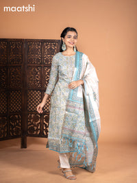 Chanderi salwar suit cream and light blue with allover kalamkari prints & embroidery zardosi work neck pattern and straight cut pant & dupatta