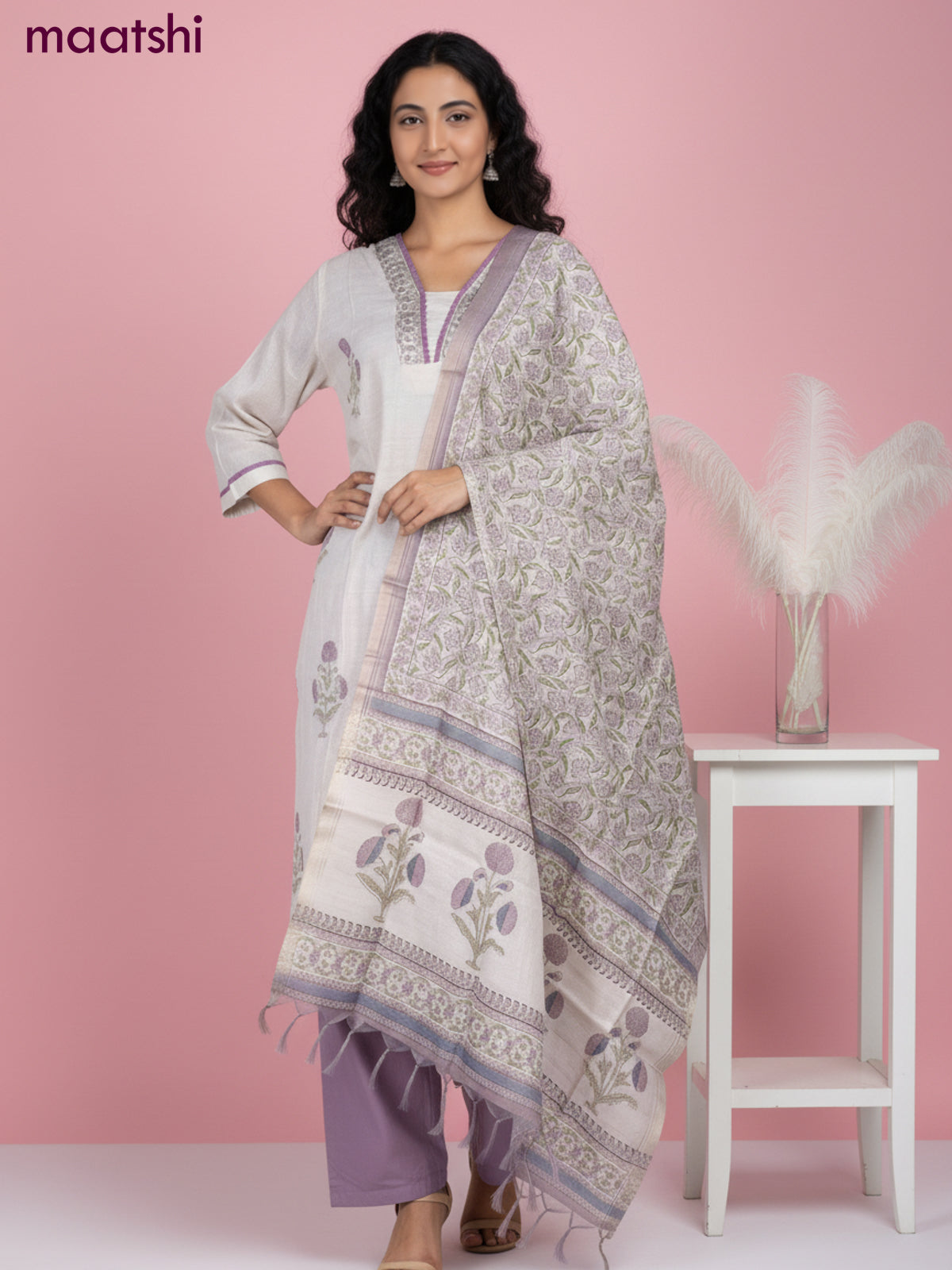 Chanderi salwar suit beige with butta prints & pita lace work neck pattern and straight cut pant & dupatta