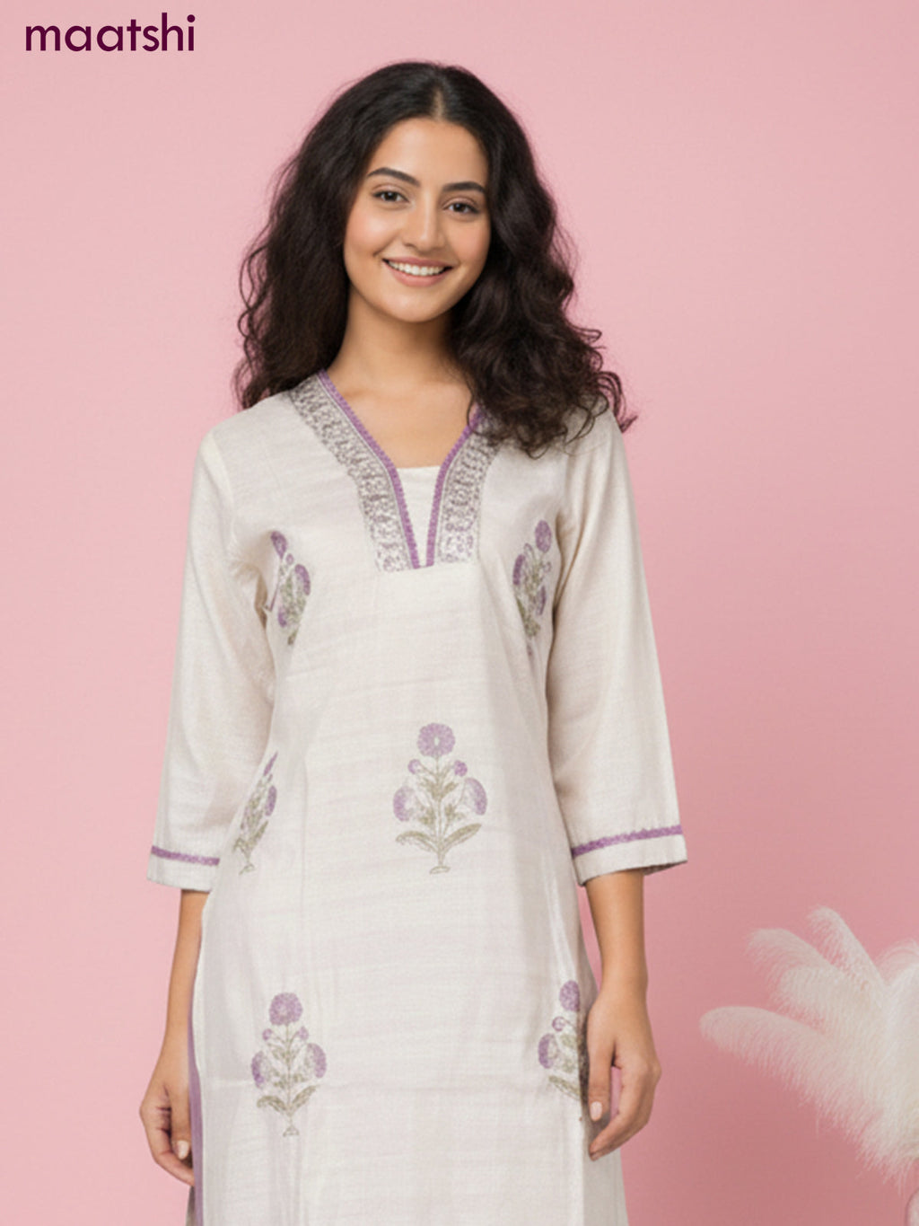 Chanderi salwar suit beige with butta prints & pita lace work neck pattern and straight cut pant & dupatta