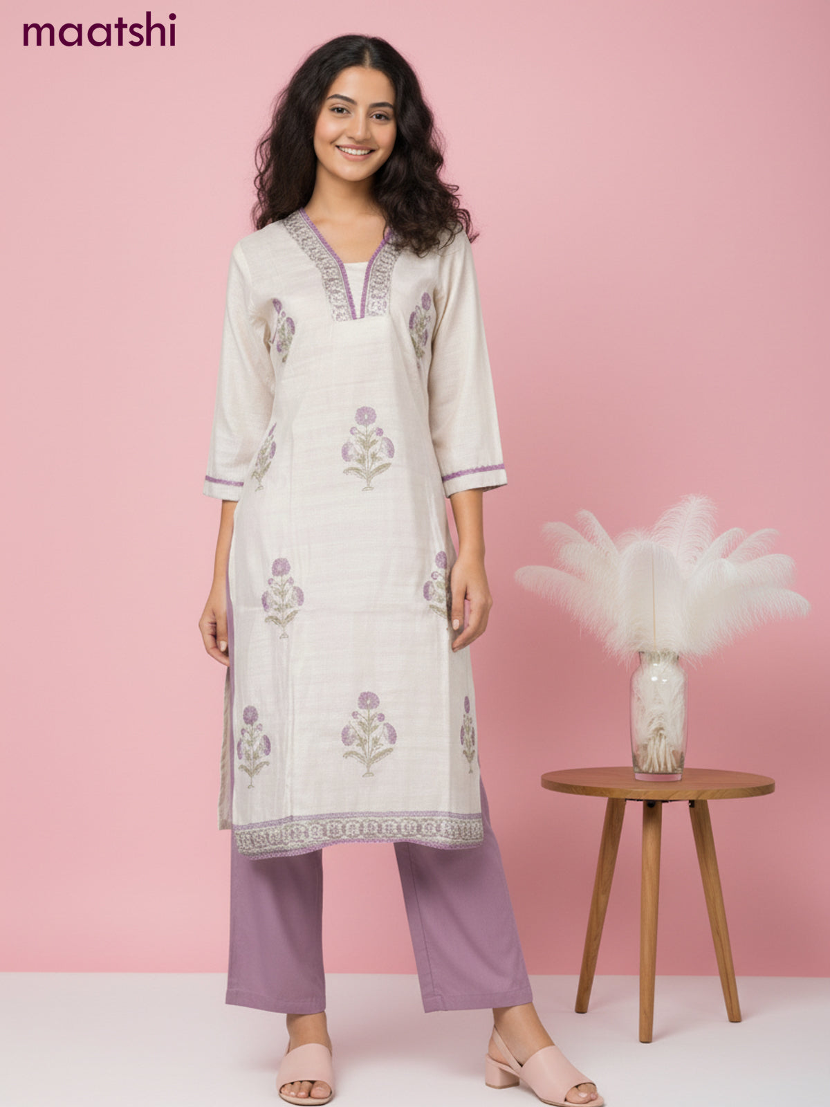 Chanderi salwar suit beige with butta prints & pita lace work neck pattern and straight cut pant & dupatta