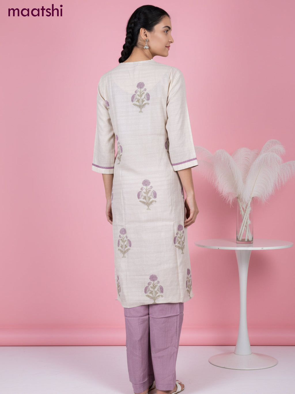 Chanderi salwar suit beige with butta prints & pita lace work neck pattern and straight cut pant & dupatta