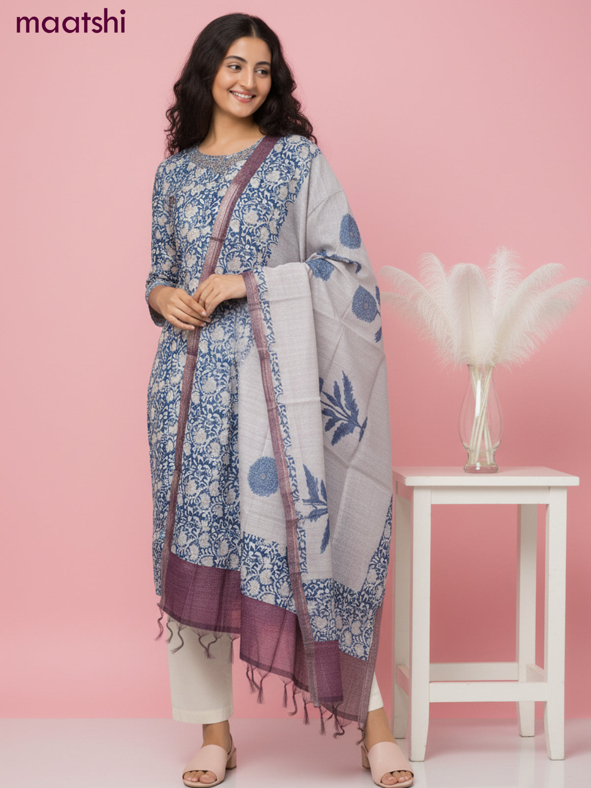 Chanderi salwar suit blue with allover prints & mirror zardosi work neck pattern and straight cut pant & dupatta