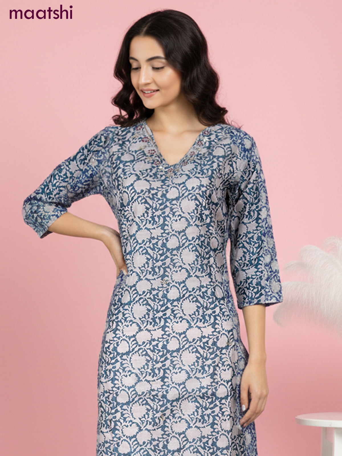 Chanderi salwar suit blue with allover prints & mirror zardosi work neck pattern and straight cut pant & dupatta