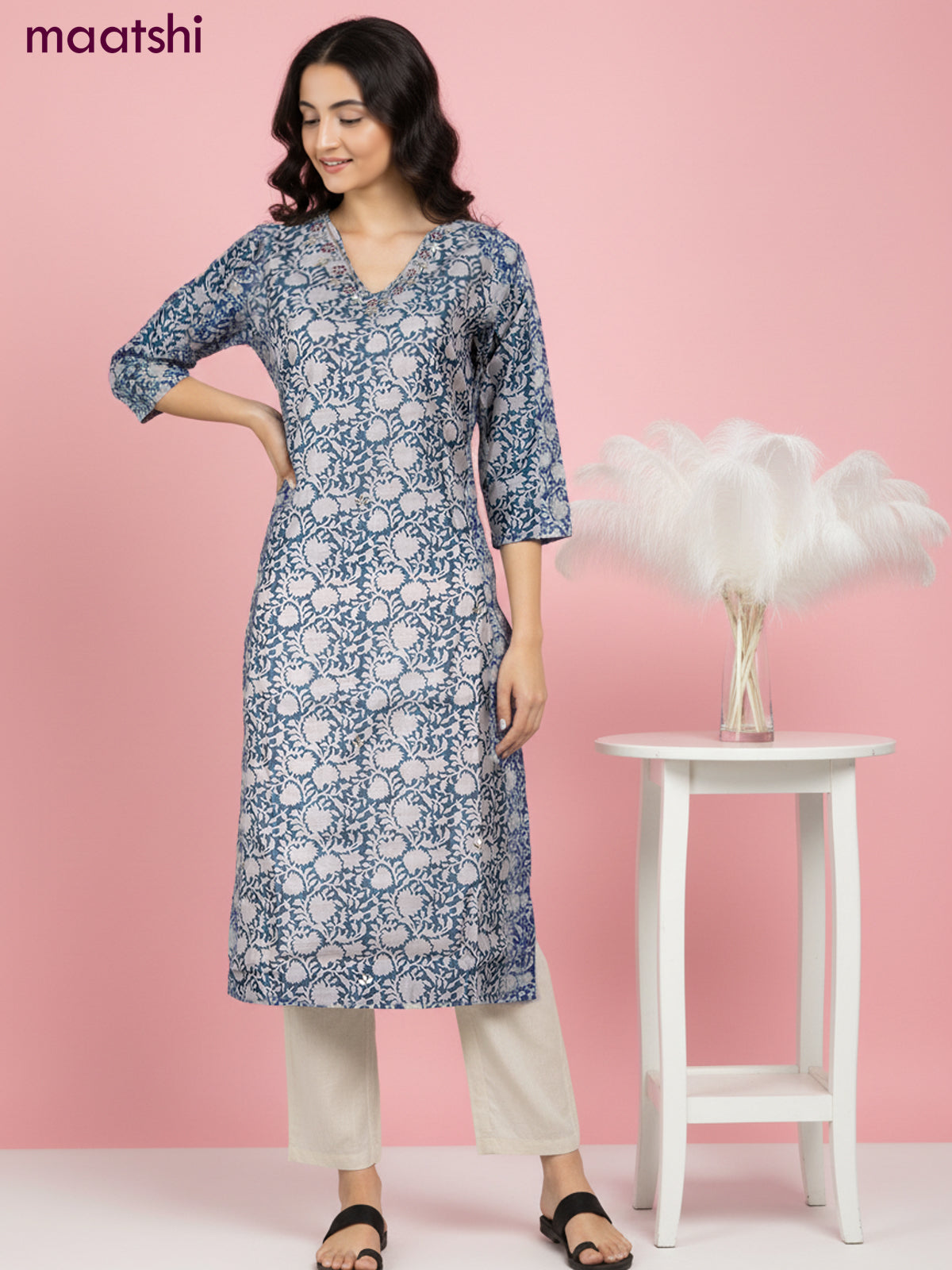 Chanderi salwar suit blue with allover prints & mirror zardosi work neck pattern and straight cut pant & dupatta