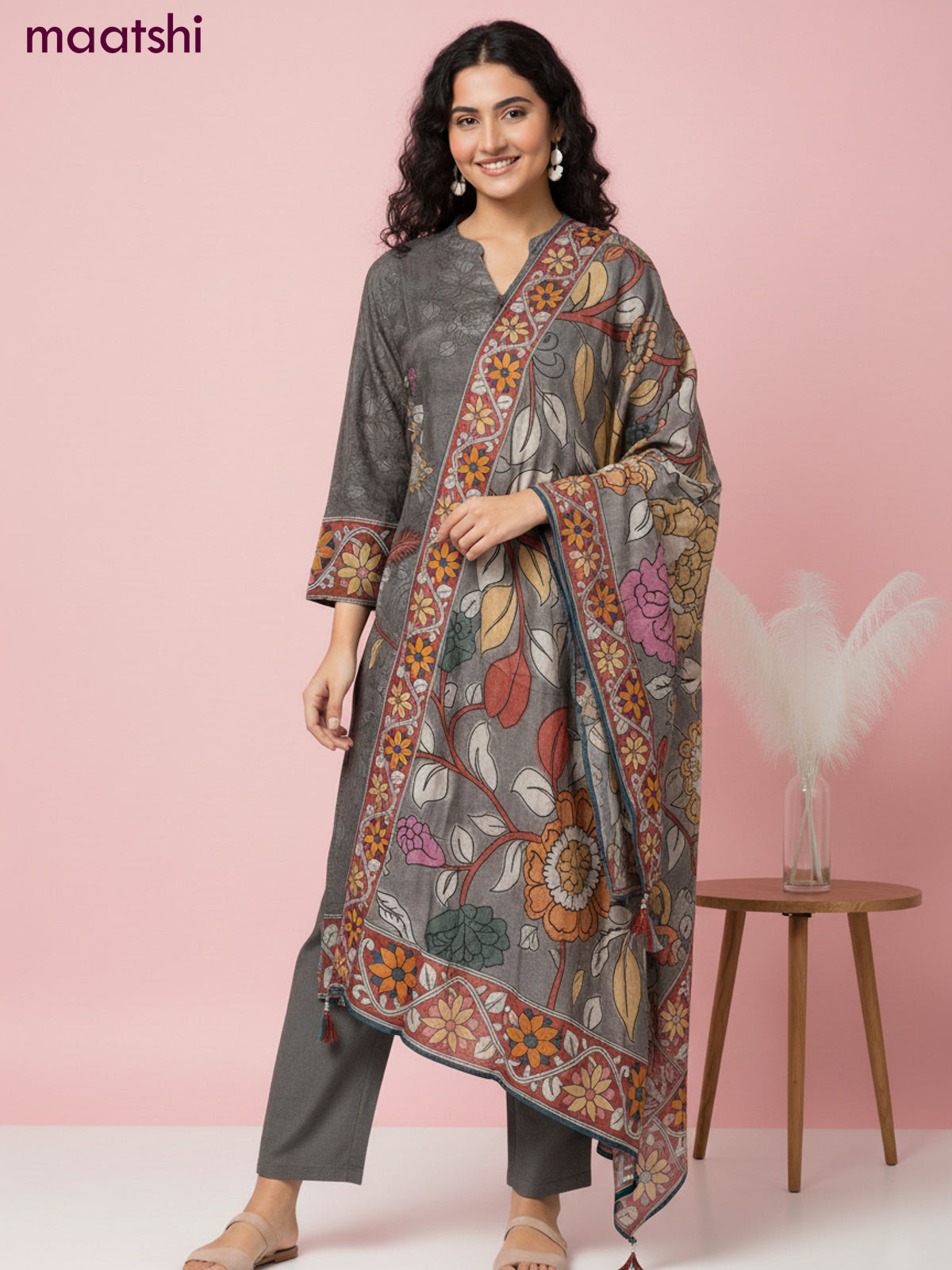 Crepe silk salwar suit grey with kalamkari prints & mirror pita work and straight cut pant & dupatta