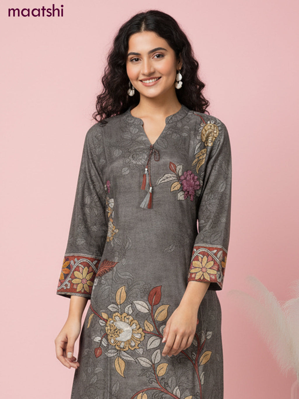 Crepe silk salwar suit grey with kalamkari prints & mirror pita work and straight cut pant & dupatta
